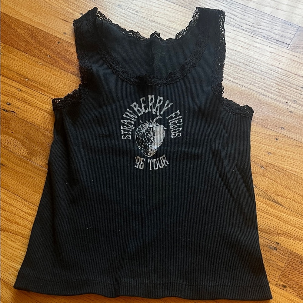 Brandy Melville Strawberry Fields Black Lace Trim Tank Top